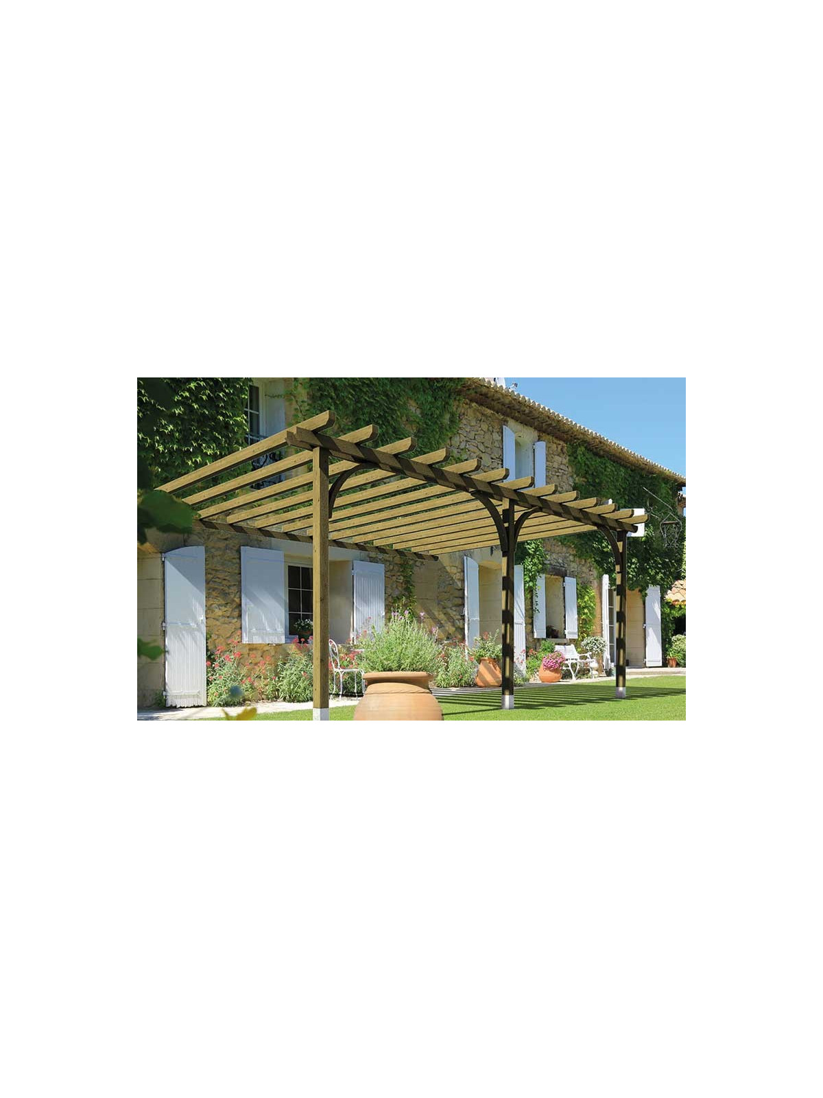 PERGOLA BOIS CONTRE FACADE
AMENAGEMENT EN BOIS DE JARDIN POUR ESPACE EXTERIEUR