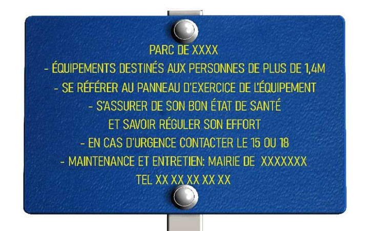 PANNEAU INFORMATION FITNESS INOX ET HDPE
PANNEAU POUR AIRE DE JEUX EXTÉRIEUR ET ESPACE DE FITNESS
