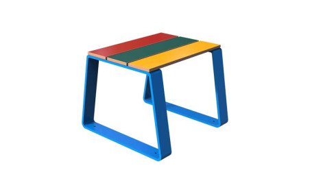 TABOURET EXTERIEUR POUR ENFANT EN  ACIER ET BOIS COMPACT
ASSISE DESIGN ET COLORÉE POUR ENFANT DANS ÉCOLE