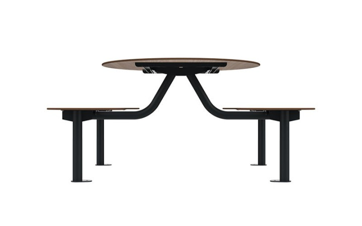 TABLE DE PIQUE NIQUE RONDE EXTÉRIEURE KODA ACIER ET BOIS COMPACT MOBILIER URBAIN DESIGN POUR RESTAURANT OU FAST FOOD