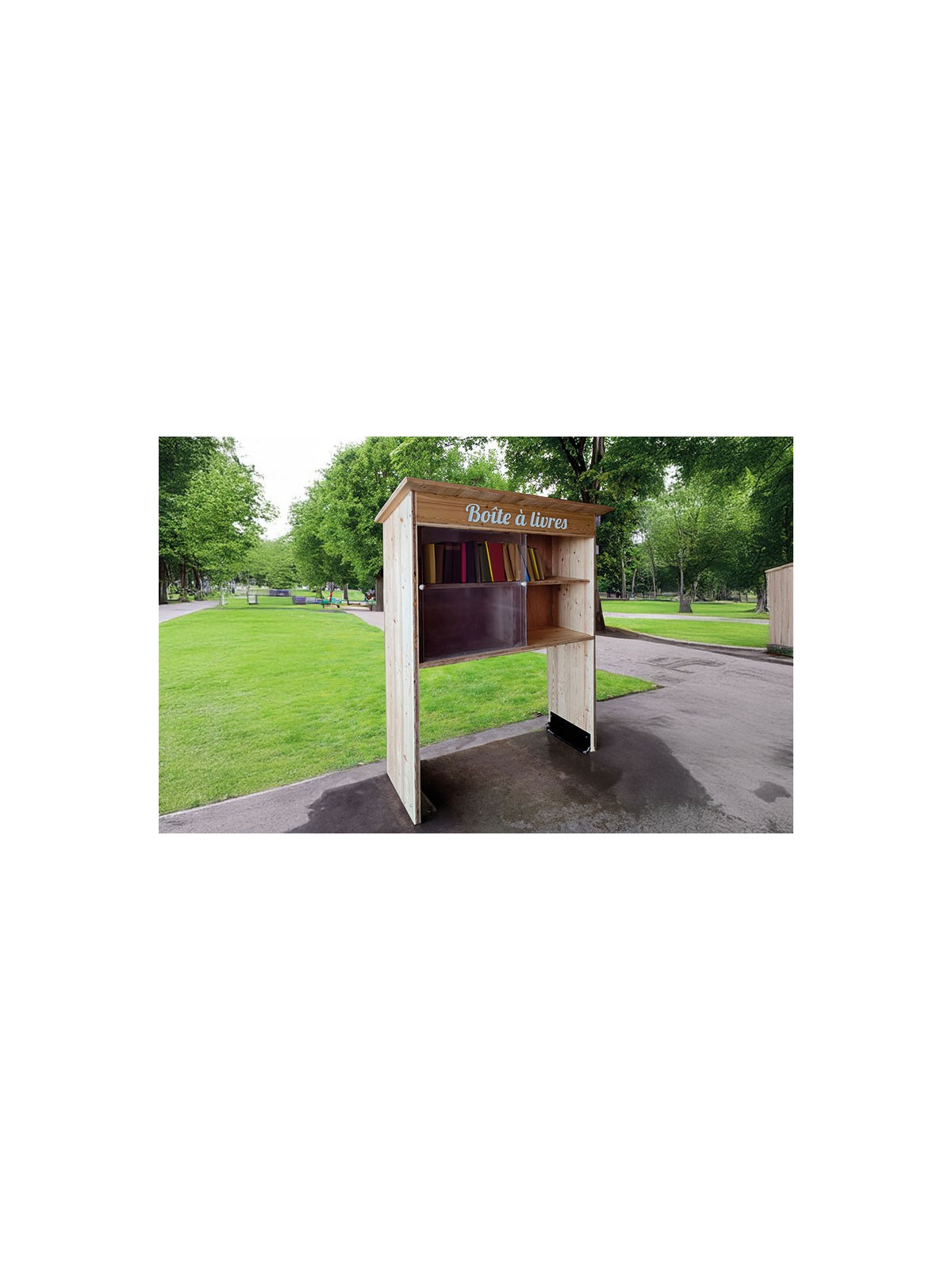 BOITE A LIVRES EN BOIS FRANÇAISE
CABANE A LIVRE AVEC GRAVURE ESPACE VERT PUBLIC COLLECTIVITÉ
BOITE A BOUQUIN EXTÉRIEURE