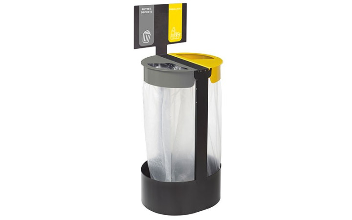 CORBEILLE DE TRI SELECTIF DALLAS SUR PIED GRIS ET JAUNE AVEC SIGNALETIQUE
POUBELLE DE VILLE EXTÉRIEURE DOUBLE FLUX DALLAS