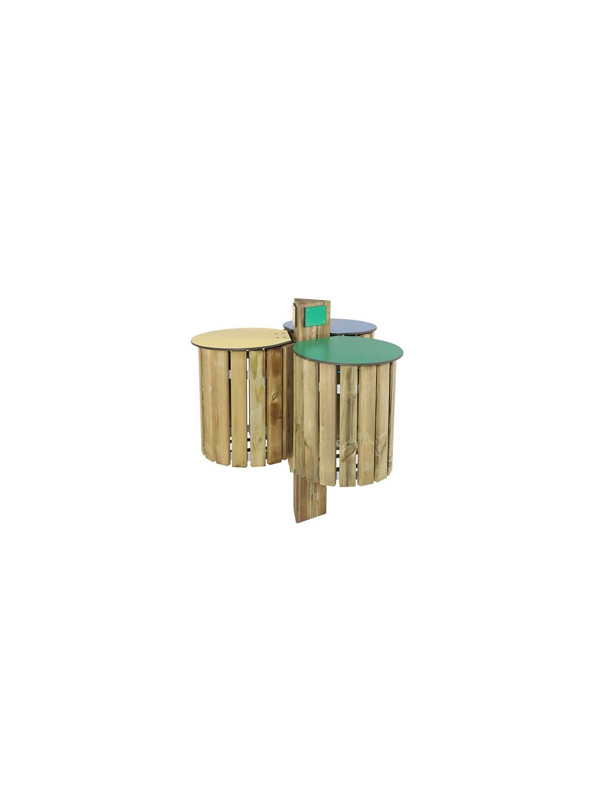 POUBELLE RONDE EN BOIS TRI SÉLECTIF 
CORBEILLE EXTÉRIEURE POUR PARC ET JARDIN
CORBEILLE RONDE 50 L EN PIN TRAITÉ OU ROBINIER