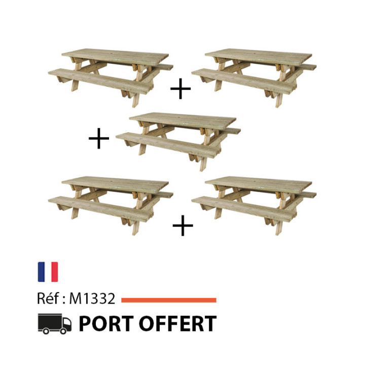 LOT DE 5 TABLES DE PIQUE NIQUE EN BOIS POUR COLLECTIVITÉ
TABLE EXTÉRIEURE EN PIN 6 PLACES