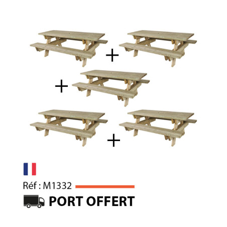 LOT DE 5 TABLES DE PIQUE NIQUE EN BOIS POUR COLLECTIVITÉ
TABLE EXTÉRIEURE EN PIN 6 PLACES