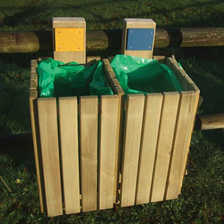 2 Corbeilles de tri sélectif en bois MARIN sans couvercle – Double compartiment pour espaces publics