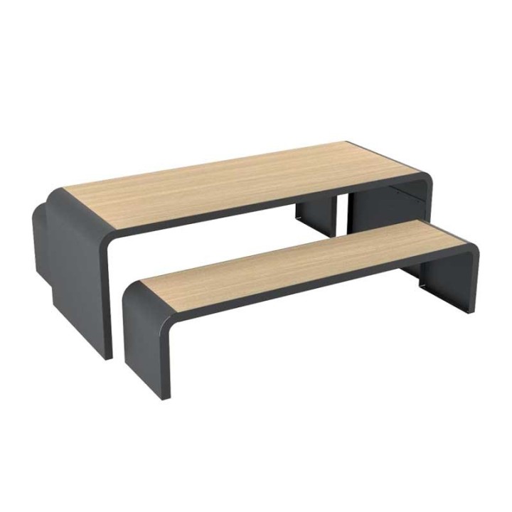 Table de pique nique CLEVELAND et 2 banquettes en acier bois compact