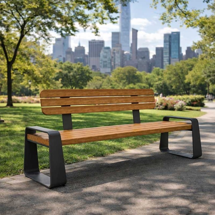 Banc moderne extérieur BALI, Banc urbain fonte et bois MICROCUBO