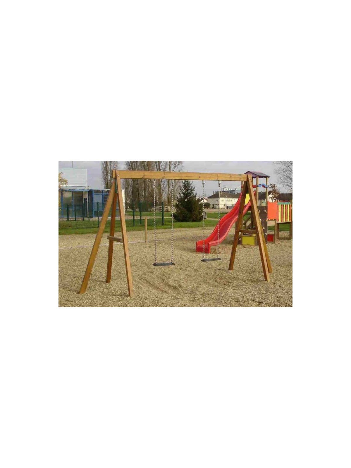PORTIQUE BOIS 2 M 2 BALANCOIRES POUR ENFANT
JEU EXTERIEUR POUR ECOLE ET AIRE DE JEUX