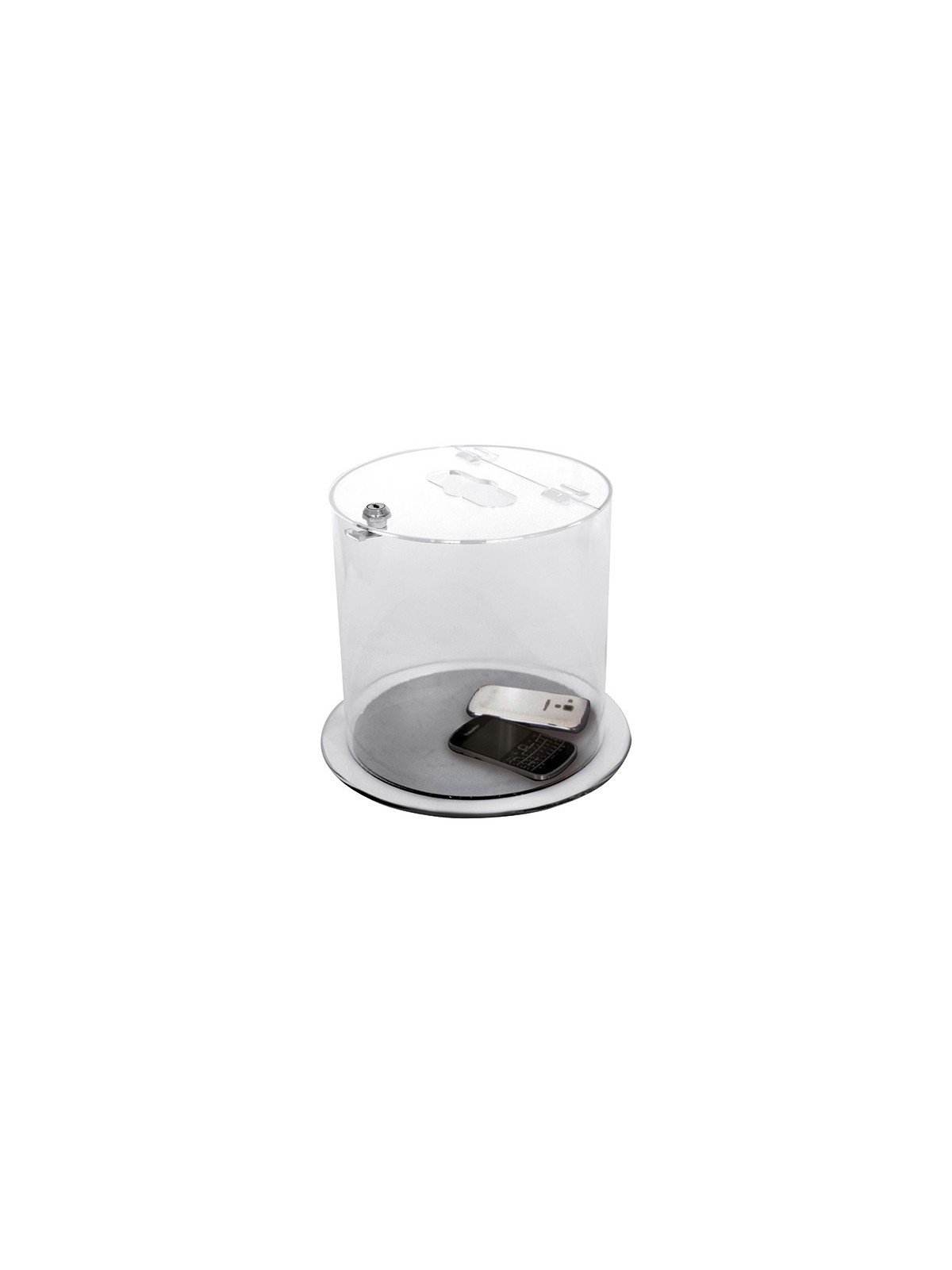 COLLECTEUR TRANSPARENT VERROUILLABLE POUR COLLECTE DE PILES, TÉLÉPHONES ET PETITS DÉCHETS RECYCLABLES EN ENTREPRISE
