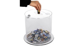 COLLECTEUR TRANSPARENT VERROUILLABLE POUR COLLECTE DE PILES, TÉLÉPHONES ET PETITS DÉCHETS RECYCLABLES EN ENTREPRISE
