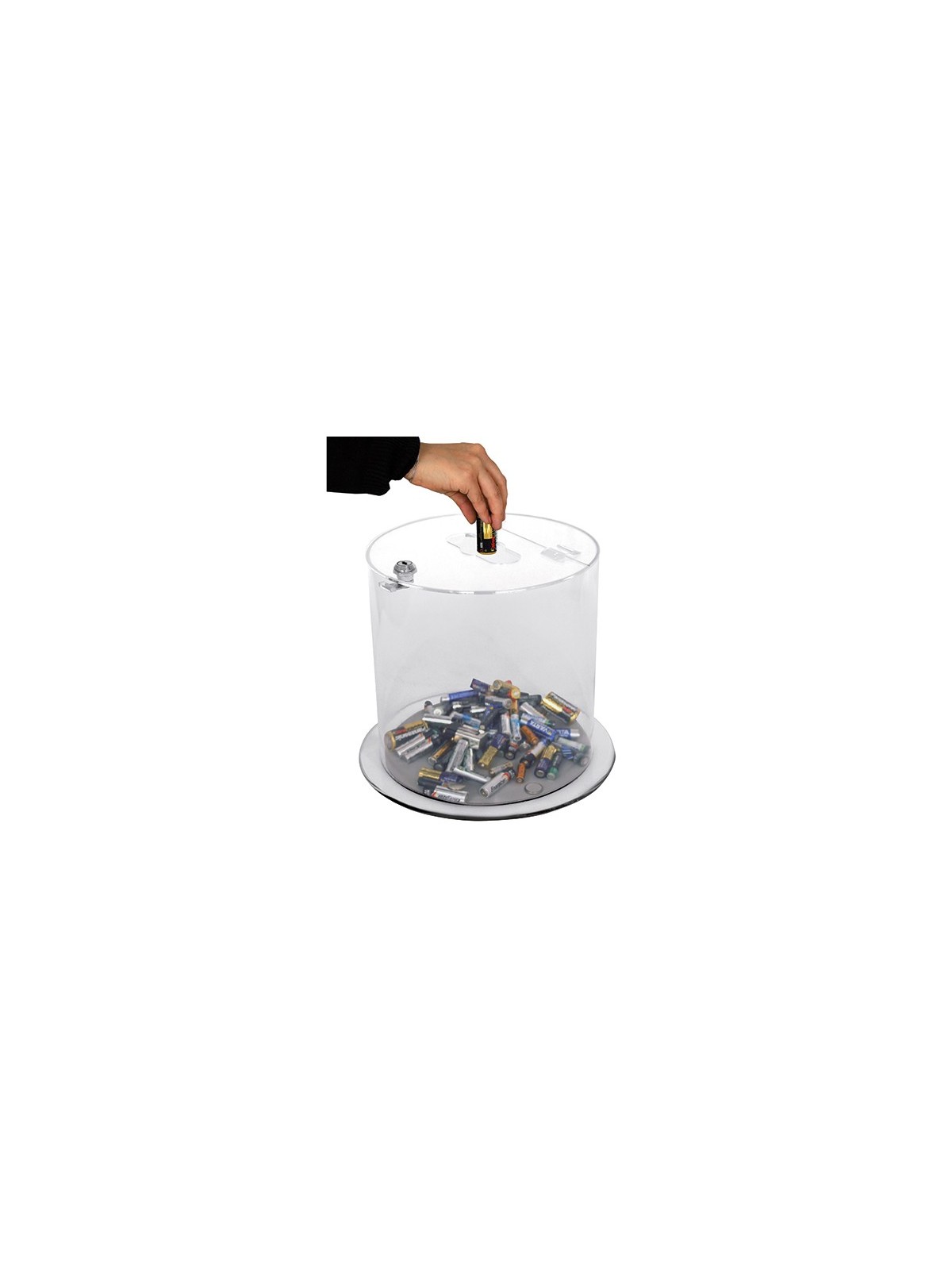 COLLECTEUR TRANSPARENT VERROUILLABLE POUR COLLECTE DE PILES, TÉLÉPHONES ET PETITS DÉCHETS RECYCLABLES EN ENTREPRISE