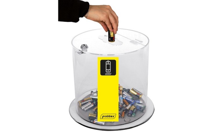 COLLECTEUR TRANSPARENT VERROUILLABLE POUR COLLECTE DE PILES, TÉLÉPHONES ET PETITS DÉCHETS RECYCLABLES EN ENTREPRISE