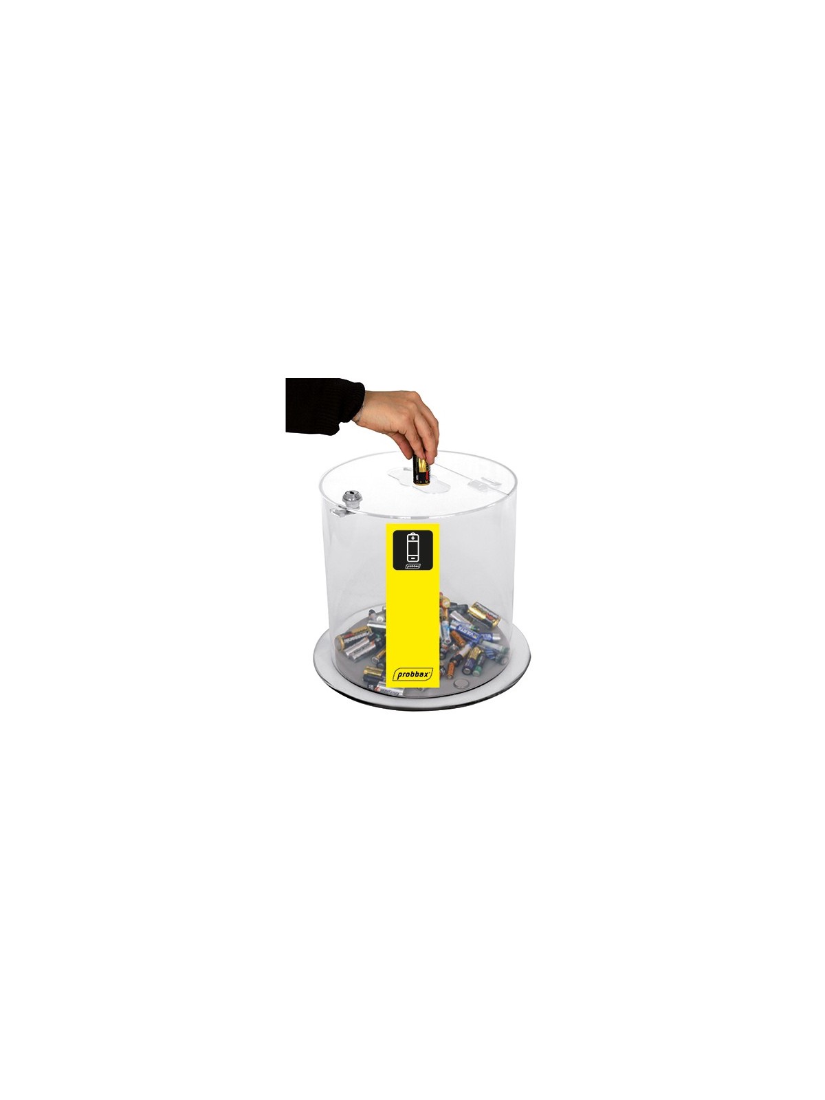 COLLECTEUR TRANSPARENT VERROUILLABLE POUR COLLECTE DE PILES, TÉLÉPHONES ET PETITS DÉCHETS RECYCLABLES EN ENTREPRISE