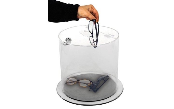 COLLECTEUR TRANSPARENT VERROUILLABLE POUR COLLECTE DE PILES, TÉLÉPHONES ET PETITS DÉCHETS RECYCLABLES EN ENTREPRISE