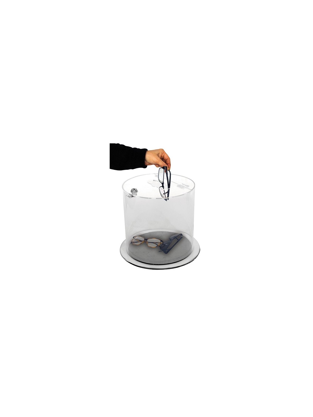 COLLECTEUR TRANSPARENT VERROUILLABLE POUR COLLECTE DE PILES, TÉLÉPHONES ET PETITS DÉCHETS RECYCLABLES EN ENTREPRISE