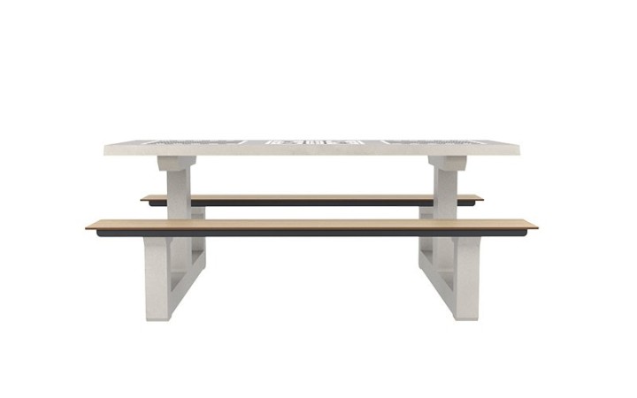 TABLE DE JEUX EXTÉRIEURE EN BÉTON & HPL, AVEC ÉCHIQUIER, DAMIER ET PETITS CHEVAUX POUR COURS DE COLLÈGES, LYCÉES