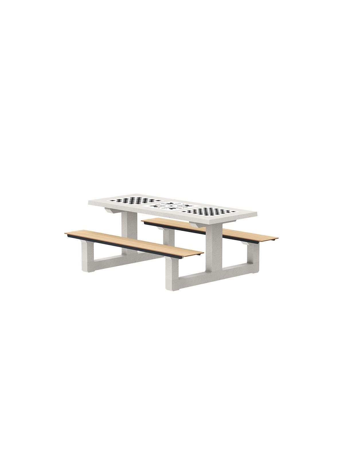 TABLE DE JEUX EXTÉRIEURE EN BÉTON & HPL, AVEC ÉCHIQUIER, DAMIER ET PETITS CHEVAUX POUR COURS DE COLLÈGES, LYCÉES
