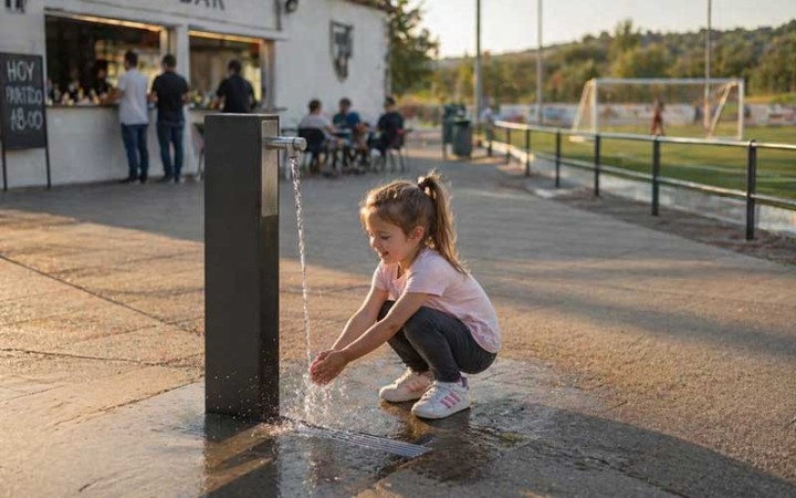 Fontaine à eau urbaine Catalane en acier zingué
Robinet poussoir de la fontaine publique Catalane