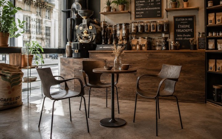Erbi Moka STILFIBRA fabriquée en Italie avec fibres parche de café et piètement acier aménagement professionnel