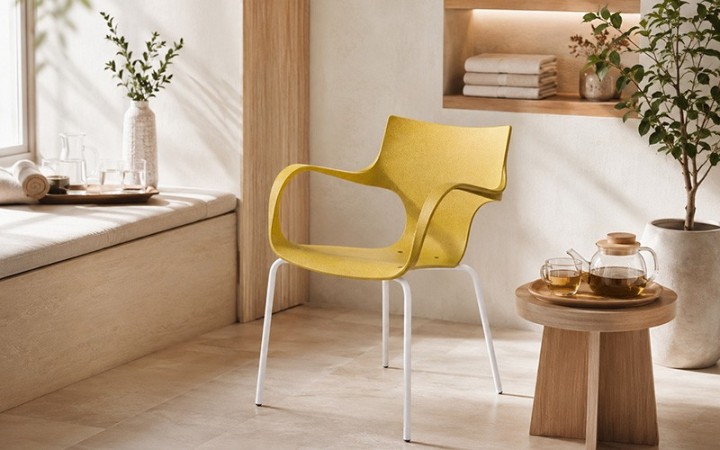 Chaise Erbi Chami en fibres de camomille et plastique recyclé, avec piètement acier empilable pour espaces professionnels