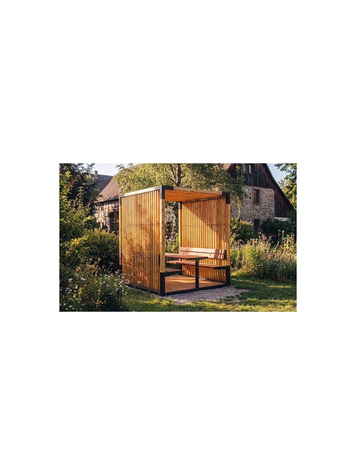 Pergola extérieure pour école avec table pique nique HIMA acier bois