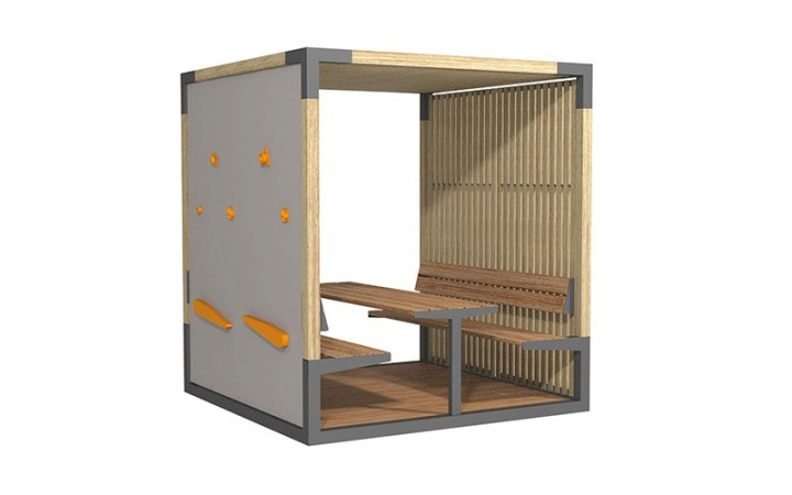 Pergola avec mur d'escalade et table pour parc public